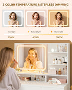 LIVELYGLOW Makeup Vanity Desk with Smart LED Mirror & Charging Station, 34.1" White Vanity Table Set with Cushioned Stool, 4 Drawers & Hairdryer Rack, Modern Bedroom Dressing Table-White