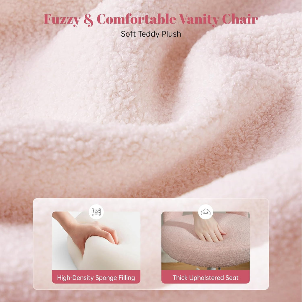 DurayLoly Vanity Chair with Open Hollow Back, Armless Desk Chair with Silent Wheels, Height Adjustable, Soft Teddy Fabric, 360° Swivel for Bedroom Vanity & Home Office, Candy Pink