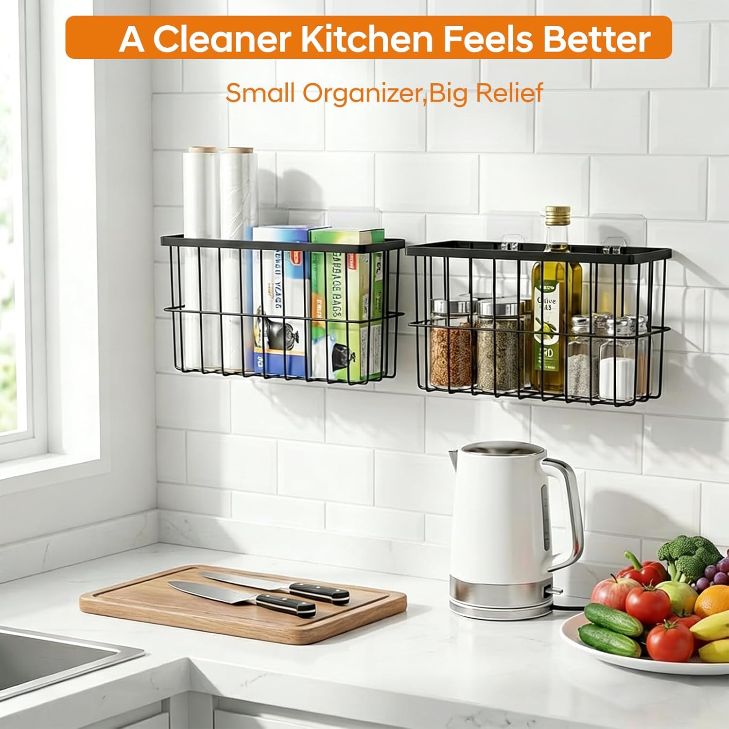FAMNONE 2 Pack Adhesive Cabinet Door Organizer – 5.9” Deep Lid Organizer for Cabinet, No Drill Wall Mounted Storage Box for Pantry Door, Kitchen & Bathroom Space Saving Organizer