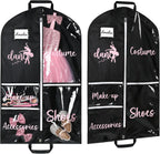 DEEKA 2 Pack Dance Garment Bag for Hanging Clothes with Zipper Pockets Dance Accessories Essentials Uniform Costume 40 Inch Dress Bags for Dance Competition Girls (Black,Pink)