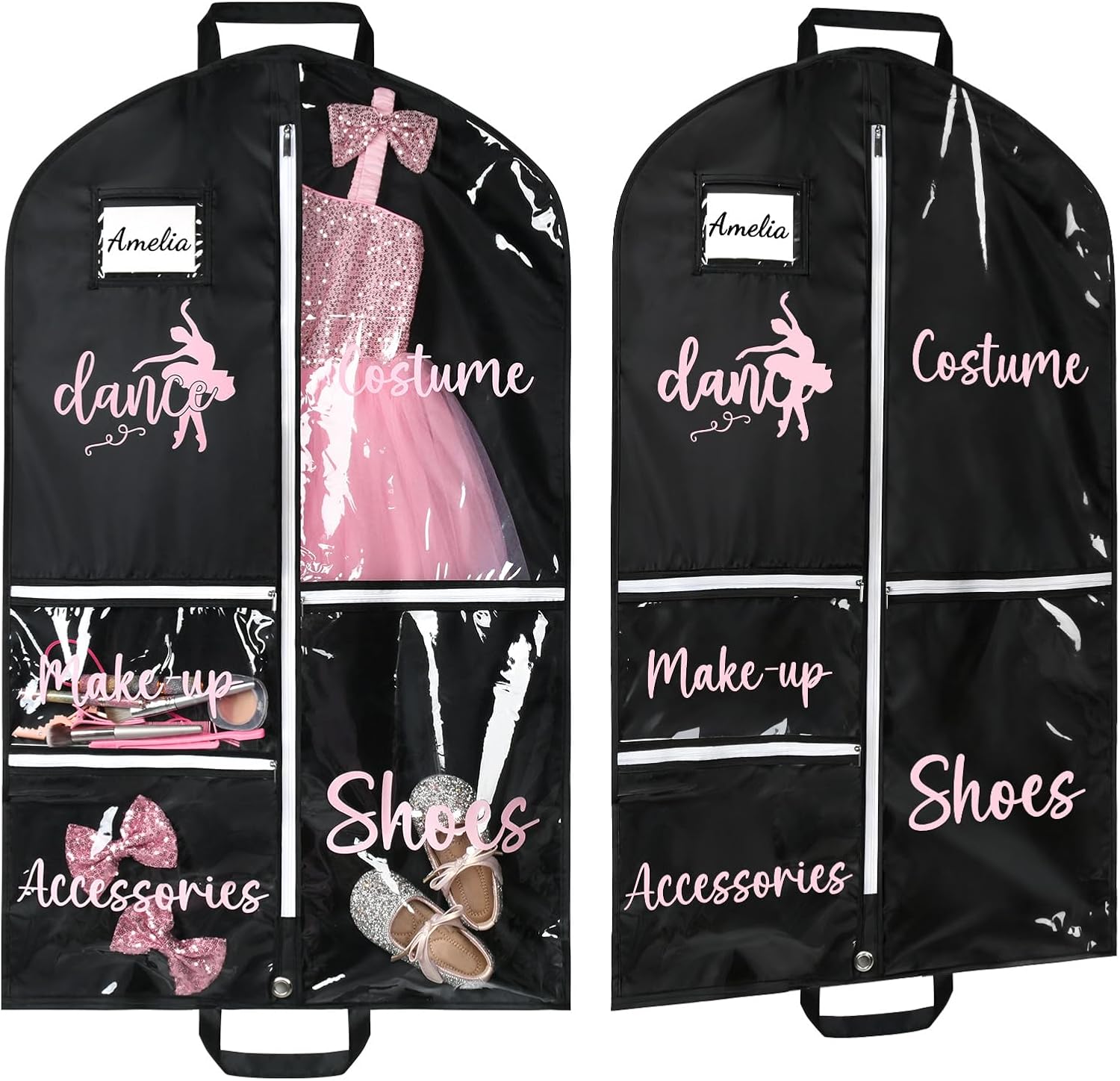DEEKA 2 Pack Dance Garment Bag for Hanging Clothes with Zipper Pockets Dance Accessories Essentials Uniform Costume 40 Inch Dress Bags for Dance Competition Girls (Black,Pink)