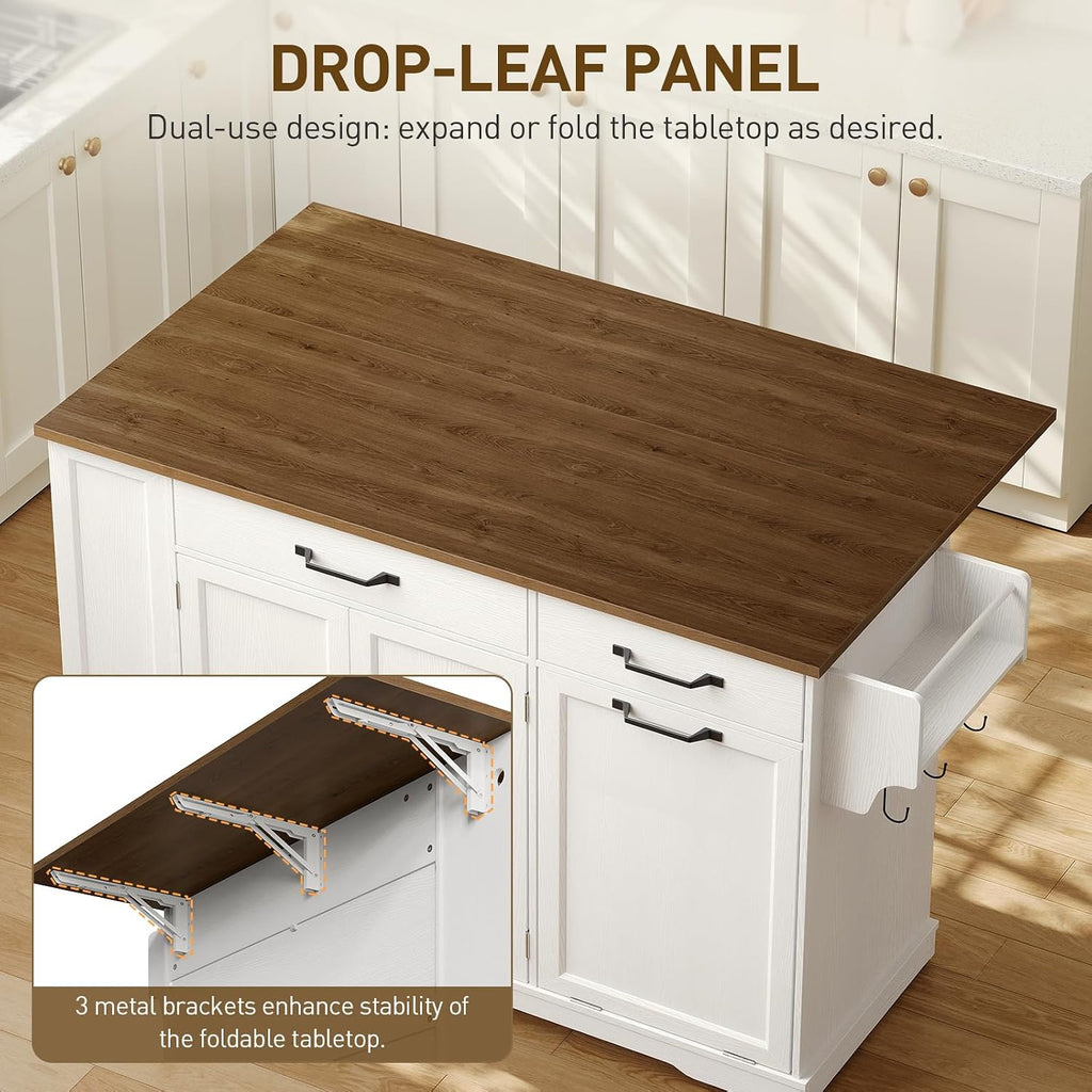RALGEND Kitchen Island with Power Outlet & Drop Leaf, Rolling Storage Cart with Trash Storage Cabinet, Farmhouse Mobile Island Table for Kitchen, Dining Room, Hidden Casters, White and Walnut