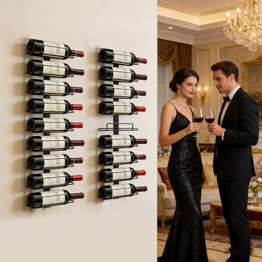 Wall Mount Wine Rack – 9 Bottles – Black Metal Wine Bottle Holder for Wall, Wine Rack Display for Home Bar, Kitchen