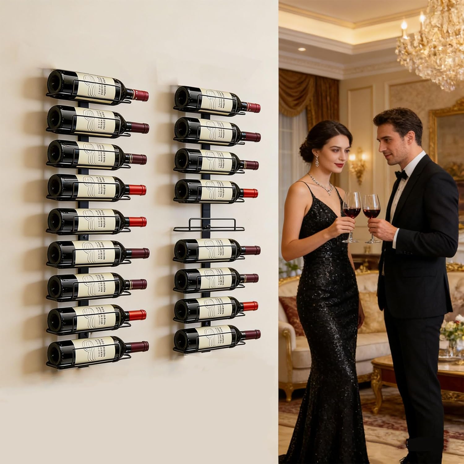 Wall Mount Wine Rack – 9 Bottles – Black Metal Wine Bottle Holder for Wall, Wine Rack Display for Home Bar, Kitchen