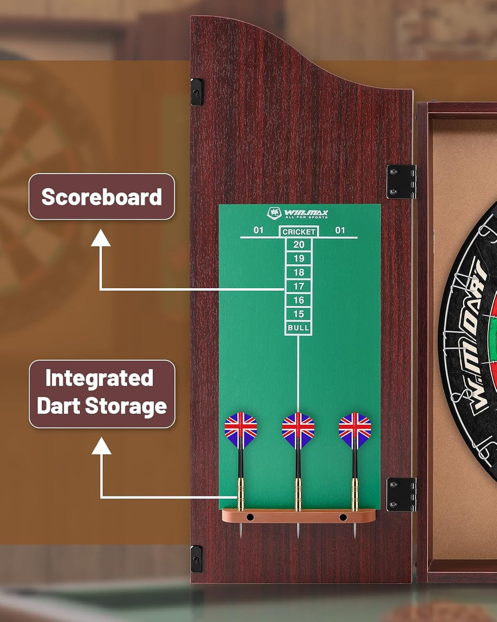 Dartboard Cabinet Set, Dart Boards for Adults with 6 Darts, Regulation Size | Self‑Healing Fibers, Rotating Number Ring, Chalkboard Scoring for Game Room Man Cave and Home Bar, Brown