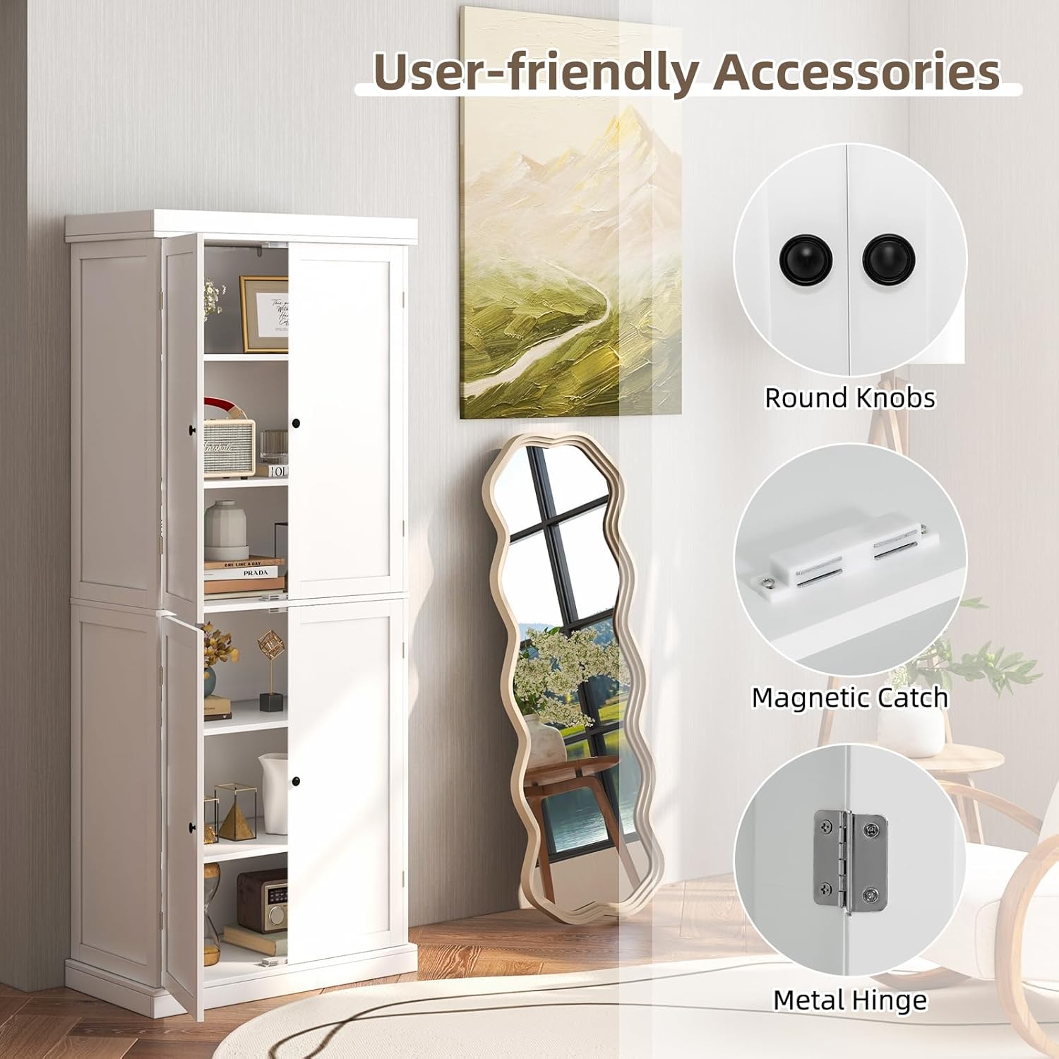 TANGZON 184CM Tall Kitchen Cupboard, 6-Tier Pantry Storage Cabinet with 4 Doors, 2 Adjustable Shelves & Anti-tipping Device, Freestanding Wooden Sideboard Unit for Dining Living Room (White)