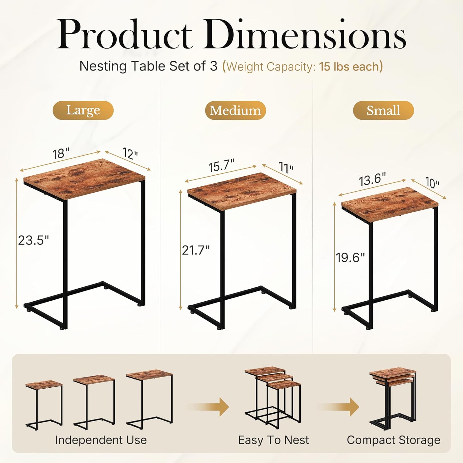 SUPER DEAL Nesting Tables Set of 3, Industrial C Shaped End Table Stackable Coffee Table Heavy Duty Metal Frame for Small Space, Living Room, Bedroom, Side Table Tray for Laptop Snack, Rustic Brown