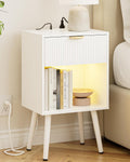 White Fluted Nightstand with Charging Station, Modern Bedside Table with Storage Drawer, Wood Night Stand Side End Table for Bedroom, Living Room, Office