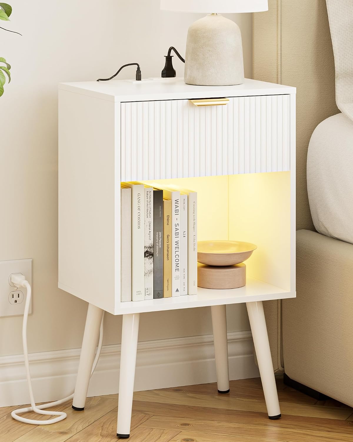White Fluted Nightstand with Charging Station, Modern Bedside Table with Storage Drawer, Wood Night Stand Side End Table for Bedroom, Living Room, Office