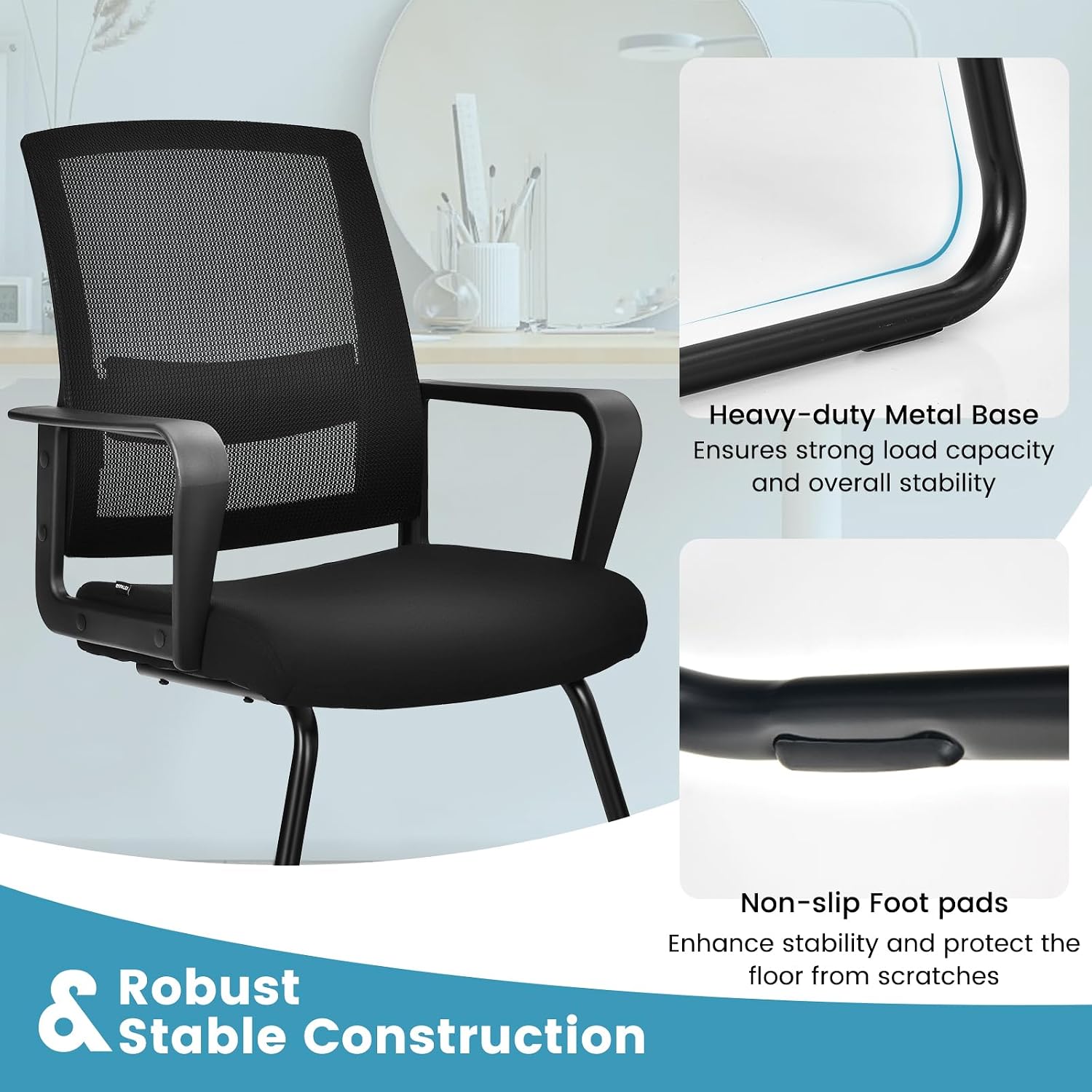 HAPPYGRILL Conference Chair Set of 2, Ergonomic Mid-Back Mesh Office Chair w/Adjustable Lumbar Support, Upholstered Seat & Metal Sled Base, Guest Reception Chairs for Home Office, Waiting Room