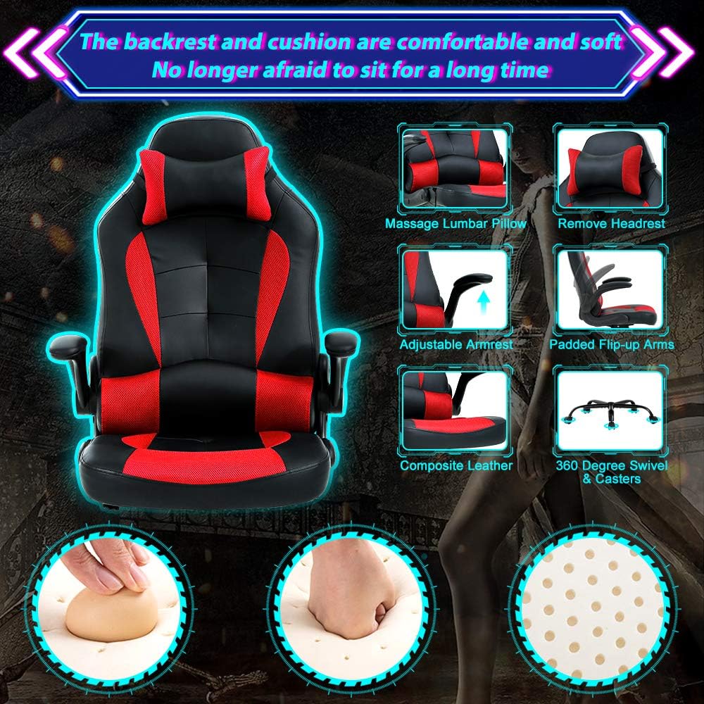 Gaming Chair Ergonomic Home Office Video Game Chairs Massage PU Leather Computer Chair Adjustable Swivel Chairs with Lumbar Support Headrest, Red