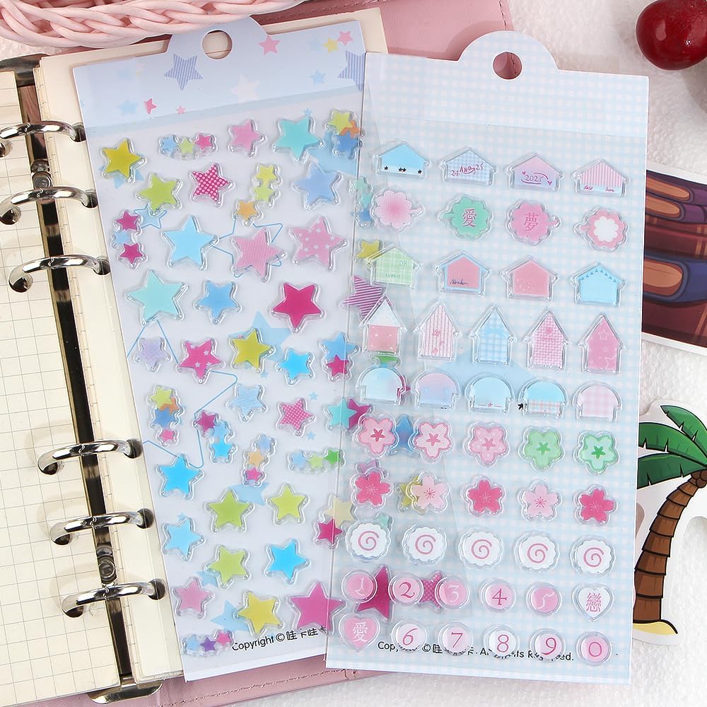 2Sheets Cute Deco Stickers Flower Star Heart House Number Sticker Kawaii Floral Stars Numbers Stickers for Water Bottles Scrapbooking Journaling Sticker DIY Craft Phone Case Album
