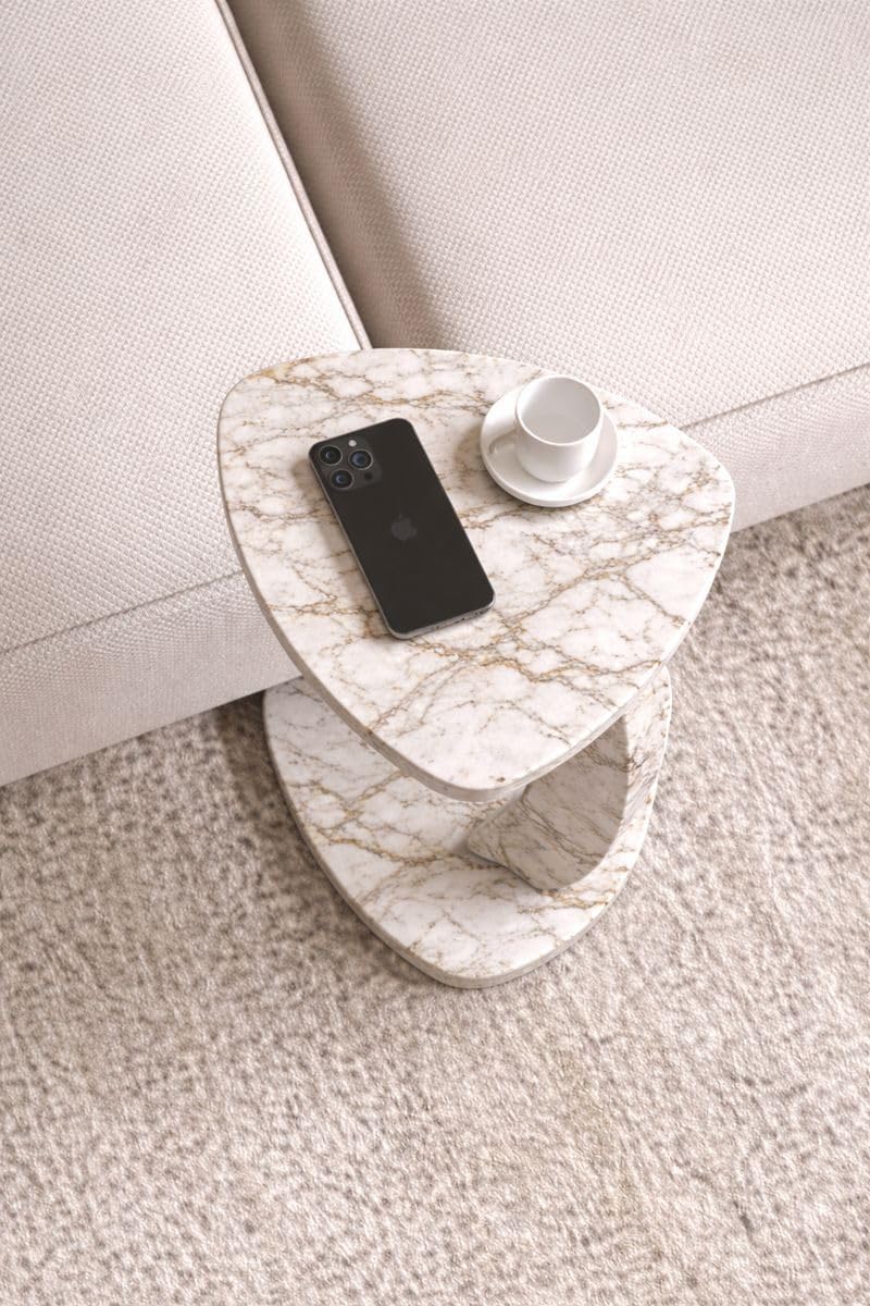 C Shaped Triangular Top Table for Couch Small Places, Space Saver Sheild Top Side Table for Sofa and Bedside with Wheels, Coffee and Eating Snack for Living Room, Office (White Marble)