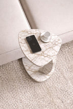 C Shaped Triangular Top Table for Couch Small Places, Space Saver Sheild Top Side Table for Sofa and Bedside with Wheels, Coffee and Eating Snack for Living Room, Office (White Marble)