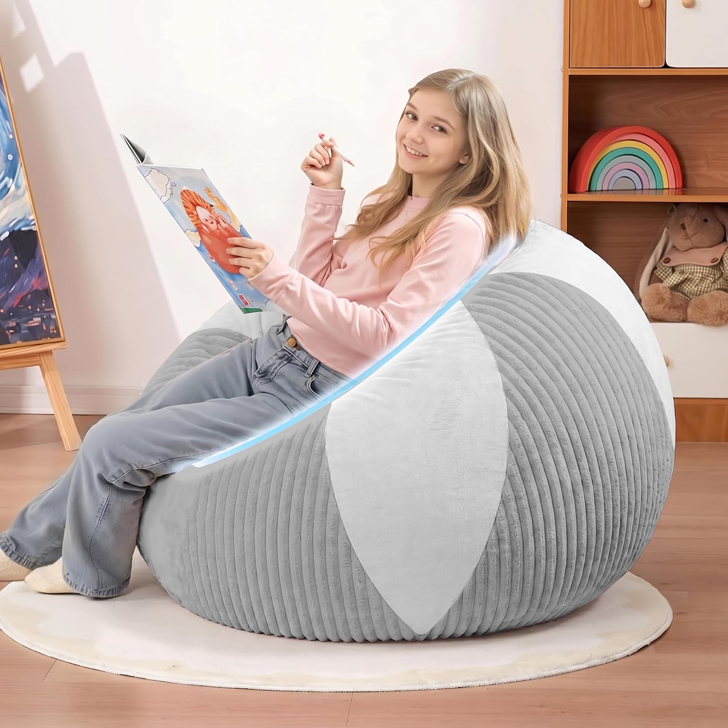 HABUTWAY 2FT Bean Bag Chairs Teardrop Beanbag Chair with Memory Foam Filled Soft Plush Leaf alongside Stripe Faux Fur Washable Cover for Dorm, Bedroom(Plush LGY/WH)