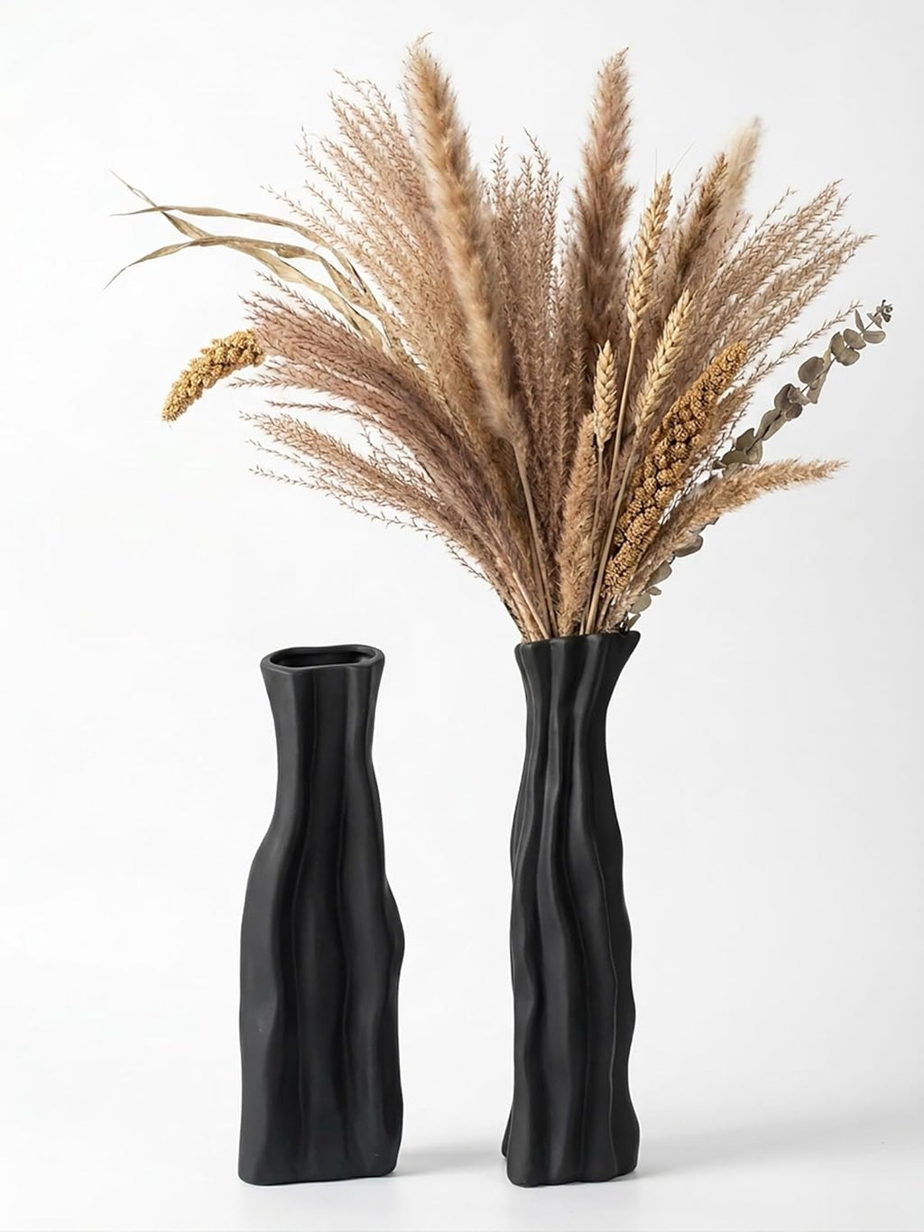 Modular Rockery Art Vase Set of 2, Separatable Centerpiece Table Decorations - 11" Tall Matte Black Ceramic Vases for Flowers, Pampas Grass, Modern Nordic Boho Home Decor (Black)