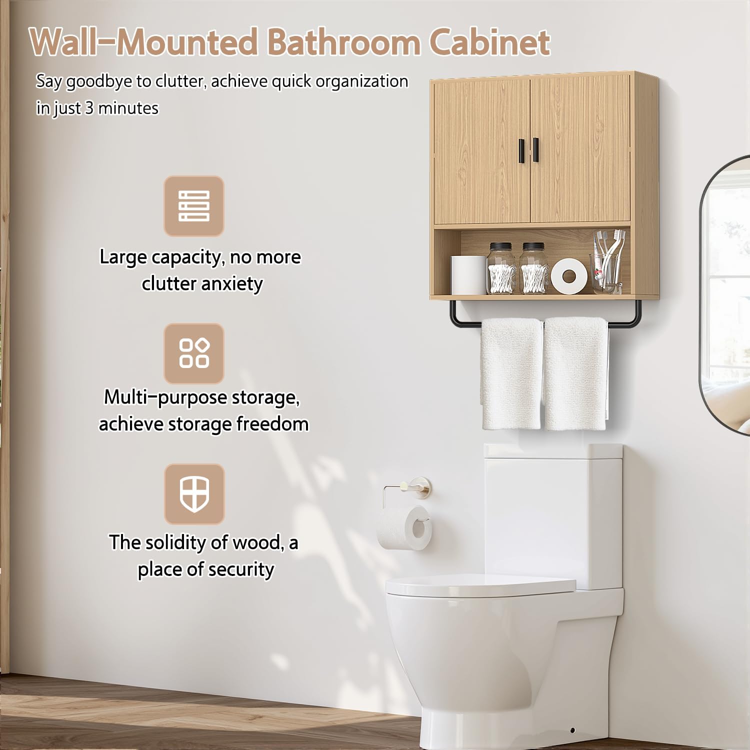 Bathroom Cabinet Wall Mounted: Over The Toilet Storage Cabinet with Adjustable Shelf & Towels Bar - 3-Tier Wood Medicine Cabines Large Space