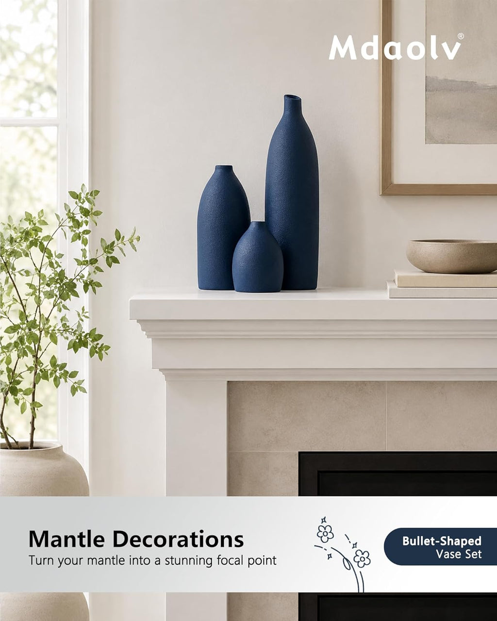 Mdaolv Matte Blue Vase Set Navy Blue Decor Coastal Decor Vases for Kitchen Island Living Room Office Table Fireplace Mantle Decorations & Bathroom Shelf Decor Centerpiece Table Decorations Ceramic