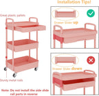 Calmootey 3-Tier Rolling Utility Cart with Drawer,Multifunctional Storage Organizer with Plastic Shelf & Metal Wheel,Storage Cart for Kitchen,Bathroom,Living Room,Office,Pink