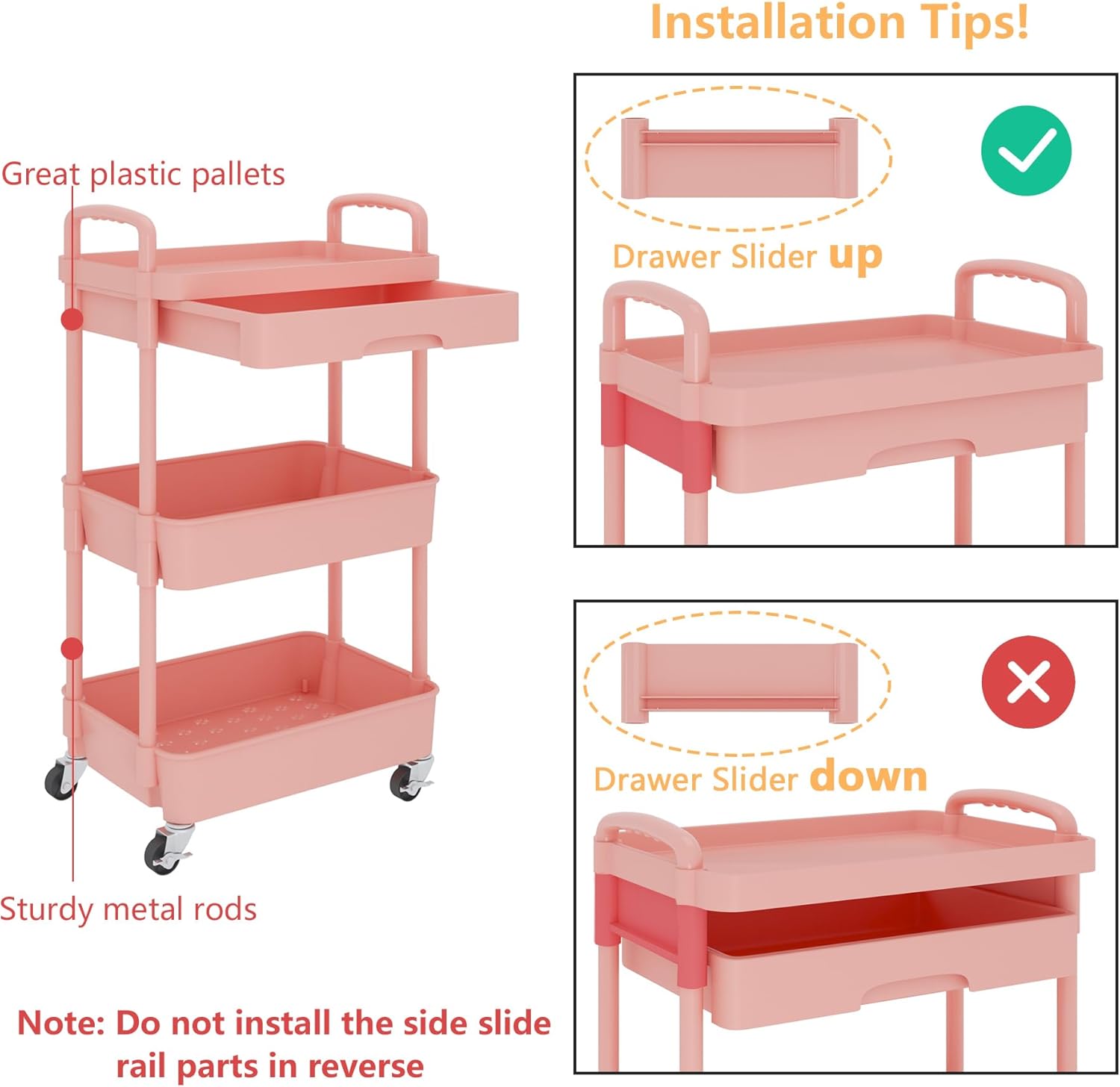 Calmootey 3-Tier Rolling Utility Cart with Drawer,Multifunctional Storage Organizer with Plastic Shelf & Metal Wheel,Storage Cart for Kitchen,Bathroom,Living Room,Office,Pink