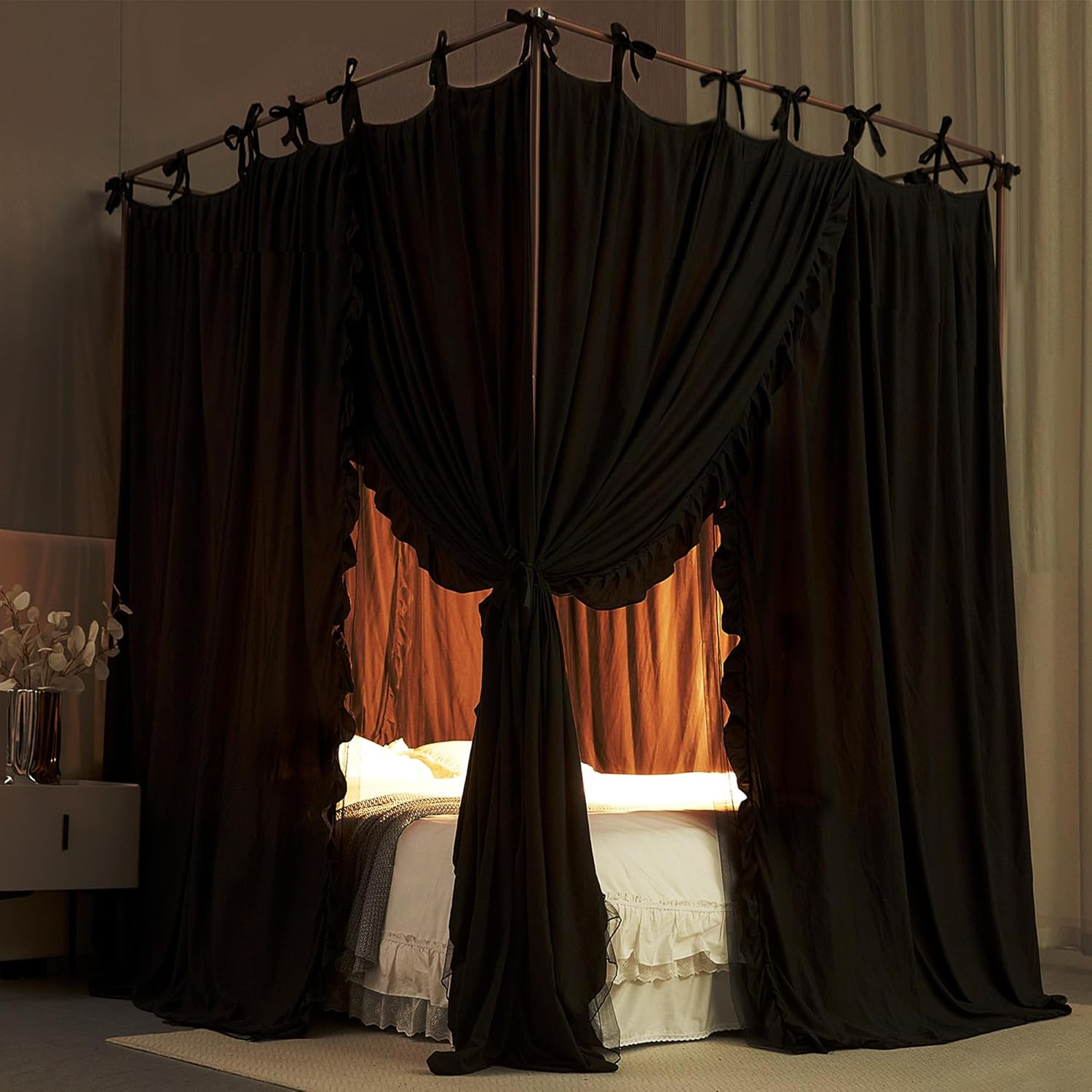 AIOOO 4 Corners Post Princess Curtain Bed Canopy Double Layer Cozy Mosquito Net Mesh and Cloth for Adults Bedroom Decoration (Double-Black/Black, 64" W*82" L*82"*H/(Queen))