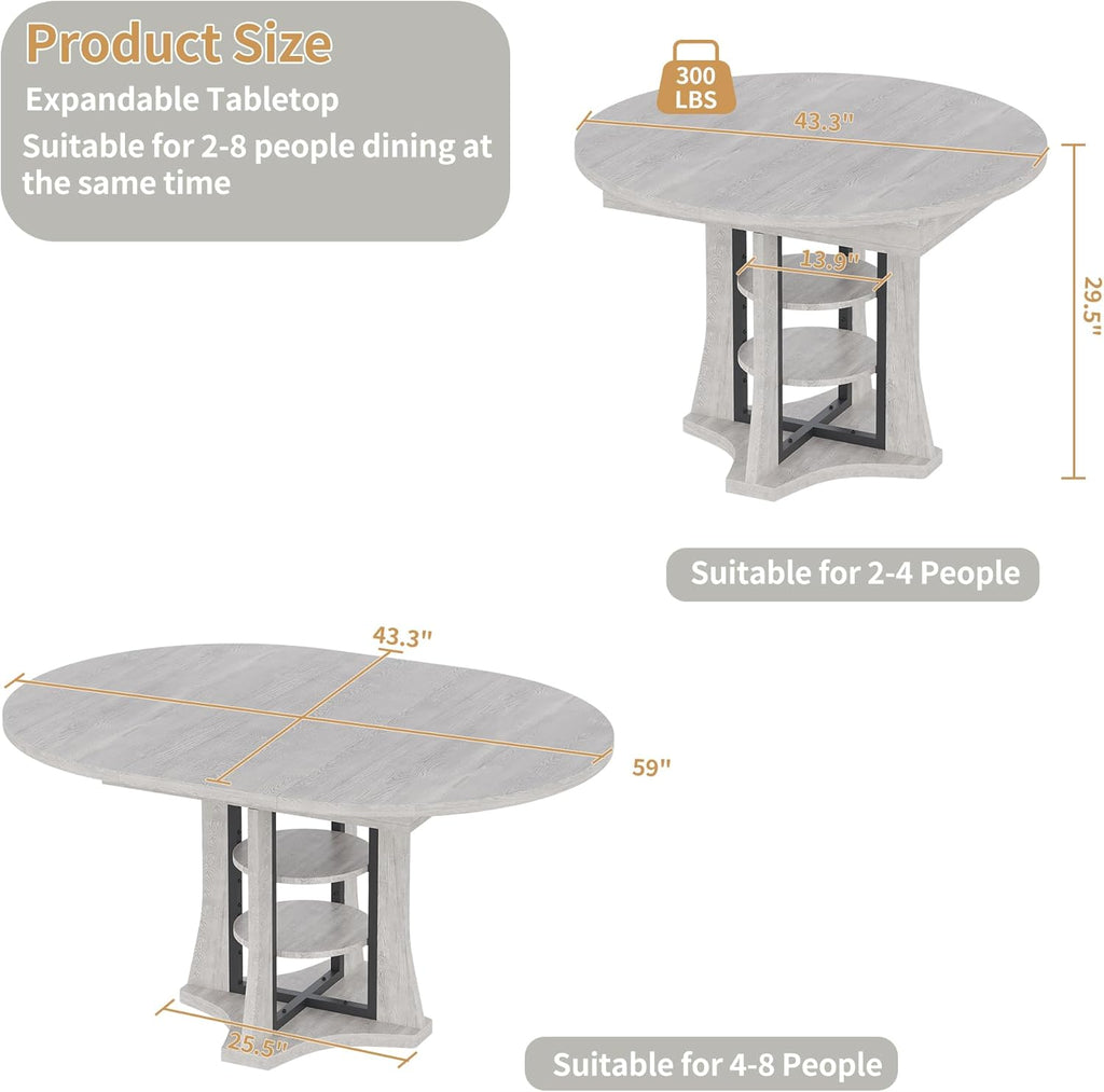 43.3''-59'' Round Extendable Dining Table for 4-6, Modern Kitchen Extendable Dining Room Table with 2-Tier Storage Shelves, Round Oval Dinner Table with Storage for Kitchen Living Room