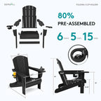 SERWALL Folding Adirondack Chairs with Dual Cup Holder, HDPE Adirondack Chairs Set of 4, Plastic Outdoor Chairs,Black