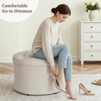 ONBRILL 25" Round Ottoman with Hidden Storage, Ottoman Foot Rest & Storage Stool for Blanket, Chenille Fabric Foot Rest for Couch, Bedroom, Living Room, Corner, or Apartment, Accent Home Decor, Beige