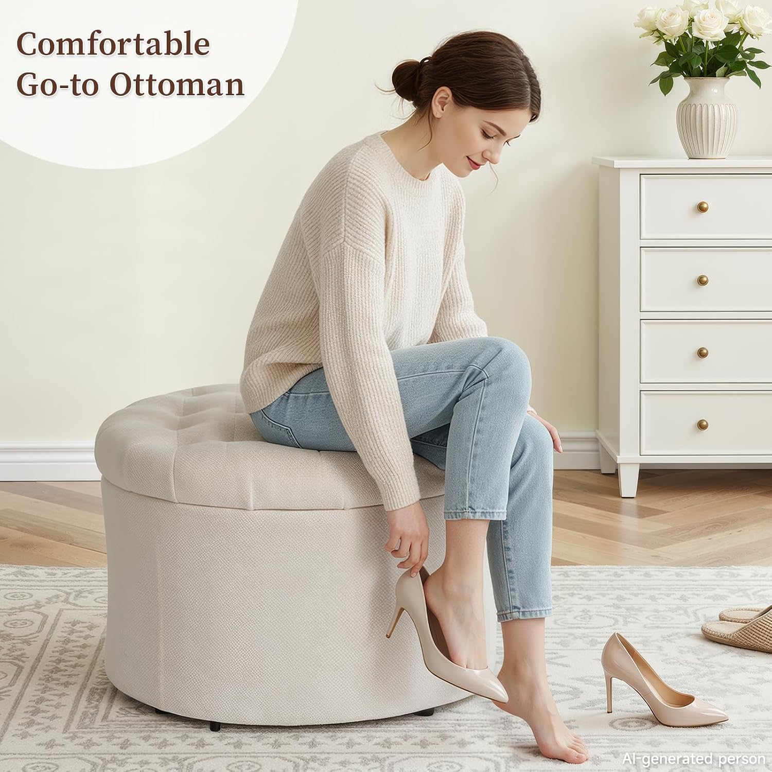 ONBRILL 25" Round Ottoman with Hidden Storage, Ottoman Foot Rest & Storage Stool for Blanket, Chenille Fabric Foot Rest for Couch, Bedroom, Living Room, Corner, or Apartment, Accent Home Decor, Beige