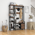 Hall Tree for Entryway 43", Bench with Shoe Storage, Large Coat Rack Shoe Bench with 5 Tier Shelves, 5 in 1 Design Front Door Shoe Rack and Wall Rack Hooks, and 2 Drawers (Rustic Brown)