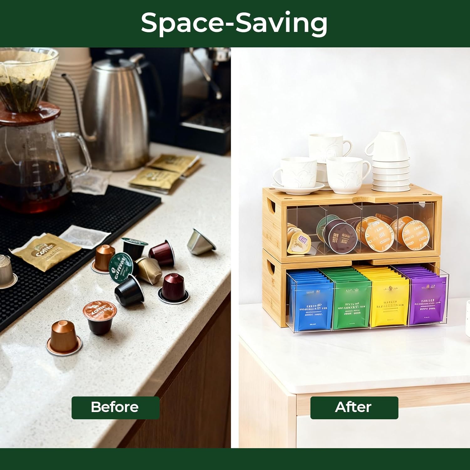 Stackable Bamboo Tea Box Organizer (Set of 2) - Large Capacity Tea Bag Storage Holder for Pantry & Cabinet - Multipurpose Tea Chest - Sustainable Kitchen Drawer & Office Breakroom Decor