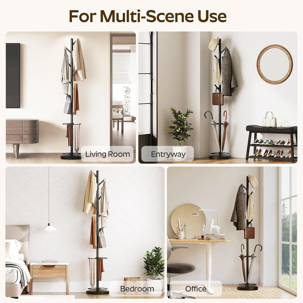 YATINEY Coat Rack Freestanding with Umbrella Holder, Coat Rack Stand with 8 Hooks, Heavy Duty Coat Tree for Entryway, Modern Clothing Rack, Metal Coat Hanger Stand for Bedroom, Office, Black YM03BB