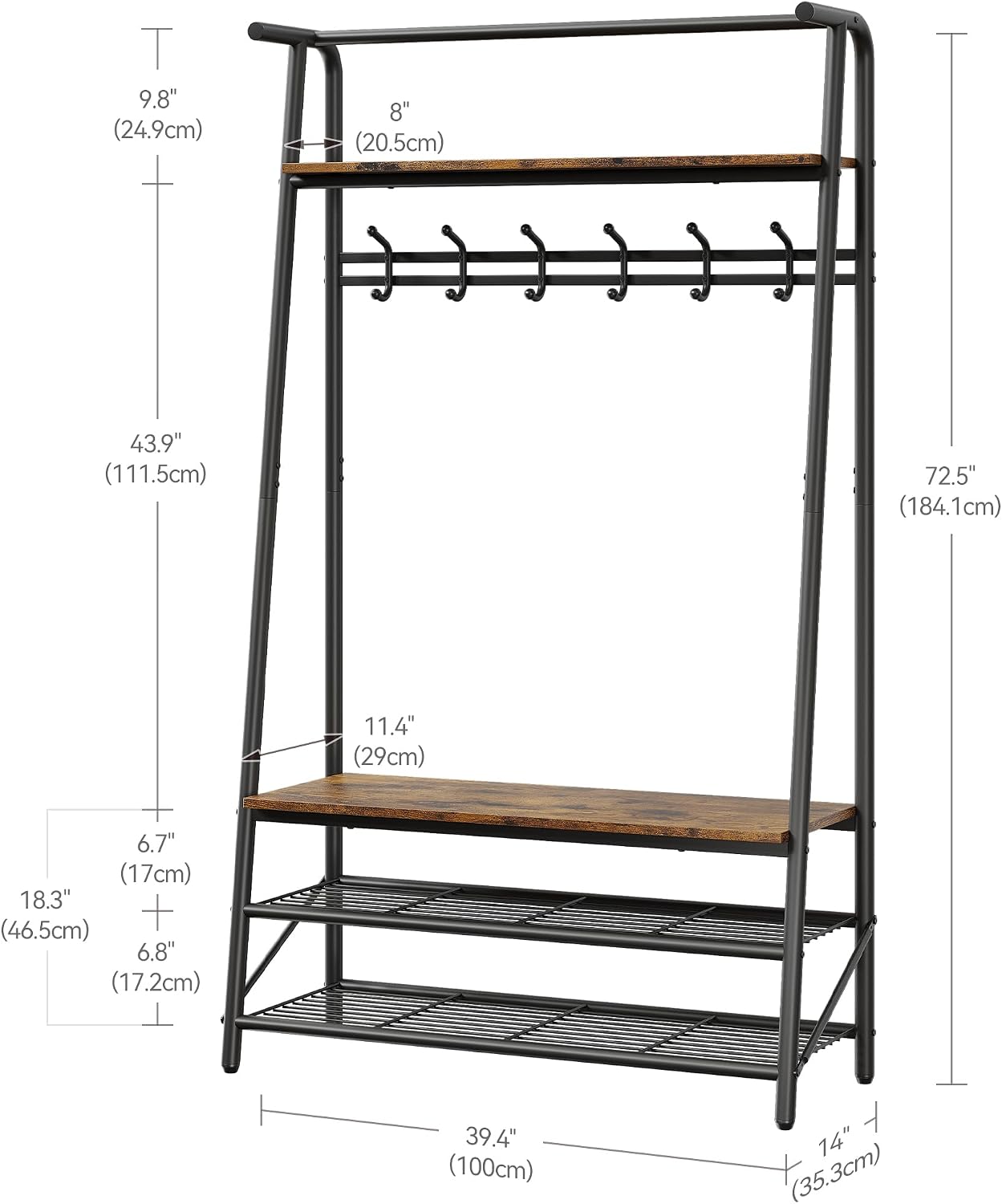 Amyove Coat Rack Shoe Bench with 10 Hooks, Hall Trees Entryway Bench with Storage, Multifunctional Hallway Organizer, Wood Look Accent Furniture with Metal Frame