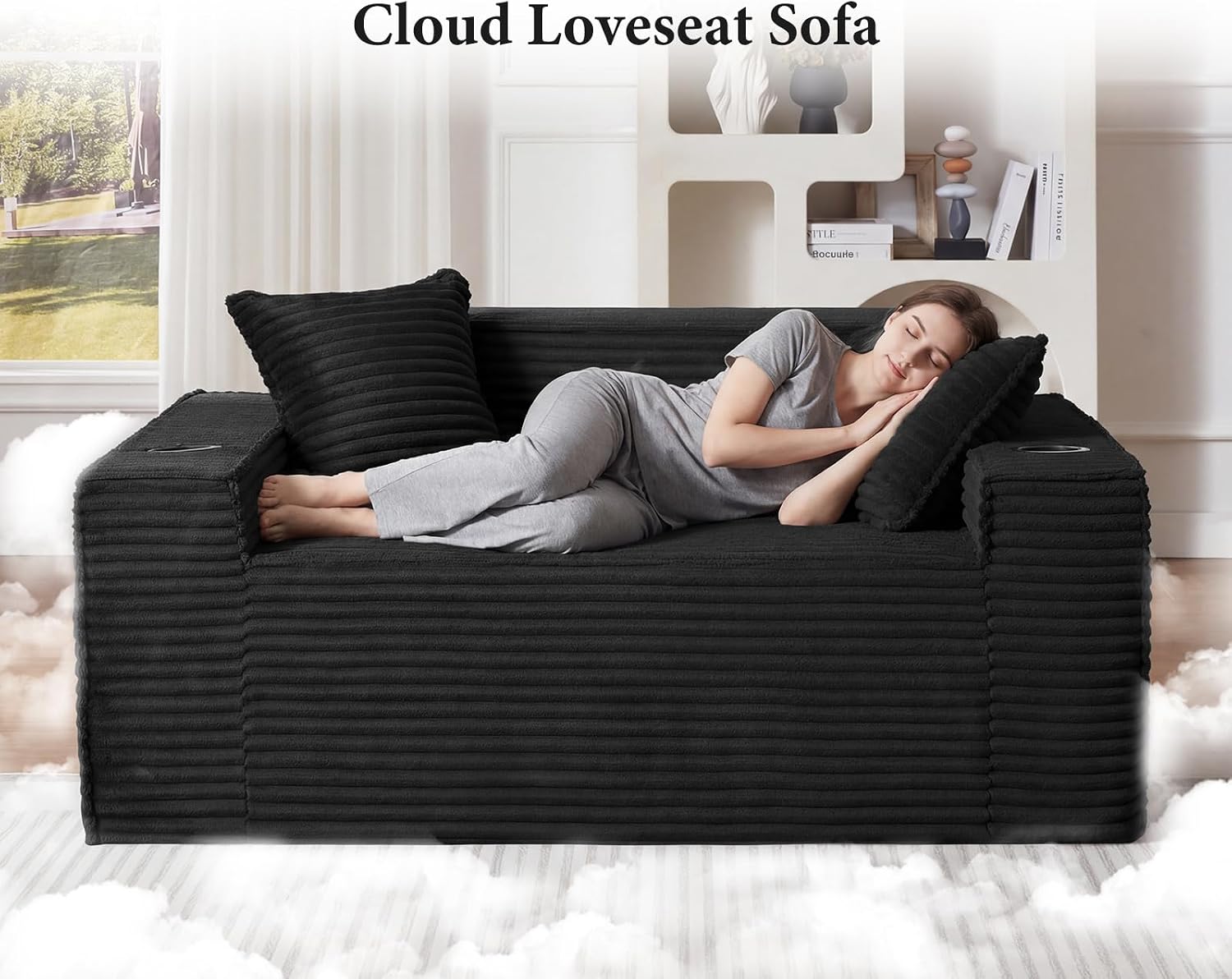 61” Boneless Loveseat Sofa, Comfy Corduroy Boneless Couch with Cup Holders & Storage Pockets, Deep Seat 2-Seater Cloud Couches for Small Space Living Room No Assembly Required, Black