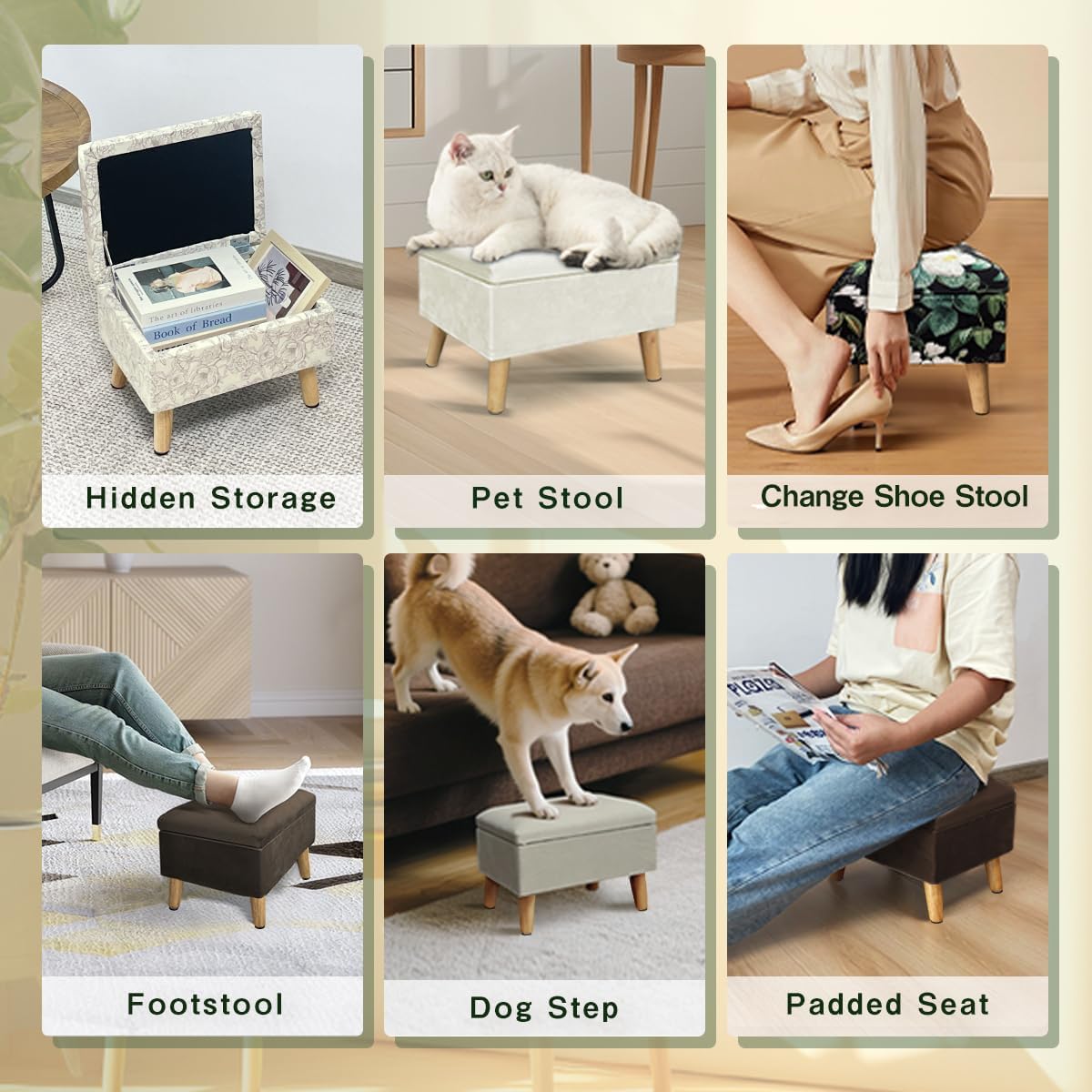 lumizone Small Ottoman with Storage Foot Rest Foot Stool Print-Beige | Padded Seat Pet Step for Dog Under Desk Stool for Living Room Bedroom Office Entryway