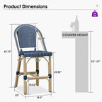 PURPLE LEAF Patio French Counter Height Stool Set of 2 Outdoor Backrest Barstools Aluminum Frame in Champagne Finish Woven Rattan for Indoor Kitchen Garden Balcony Restaurant Navy Blue