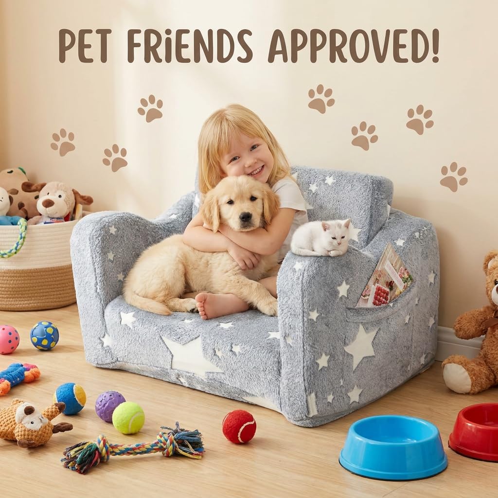 Toddler Couch, Glow in The Dark Kids Couch 2 in 1 Sofa Bed, Convertible Flip Open Toddler Sofa Couch Bed, Kids Sofa for Playroom Bedroom