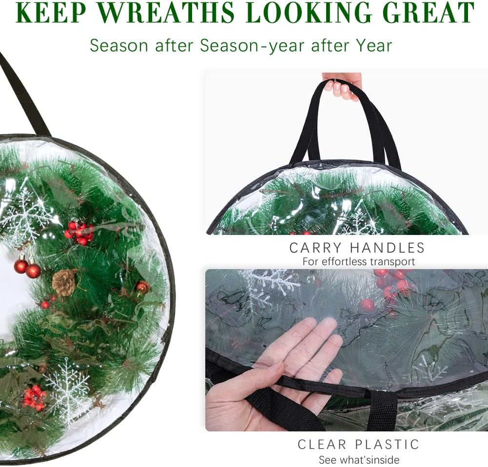 2-Pack Christmas Wreath Storage Container 24'', Clear Wreath Storage Bags with Dual Zippers for Xmas Seasonal Thanksgiving Holiday Artificial Wreath Storage