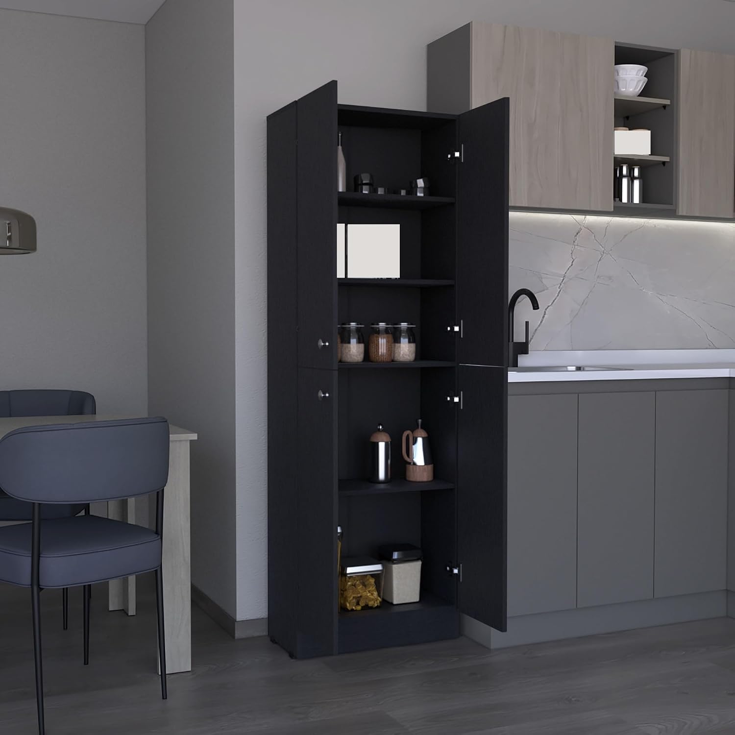 Mid-Century Pantry Storage Cabinet, Rustic Freestanding Cupboard with 5 Adjustable Shelves,for Kitchen Home