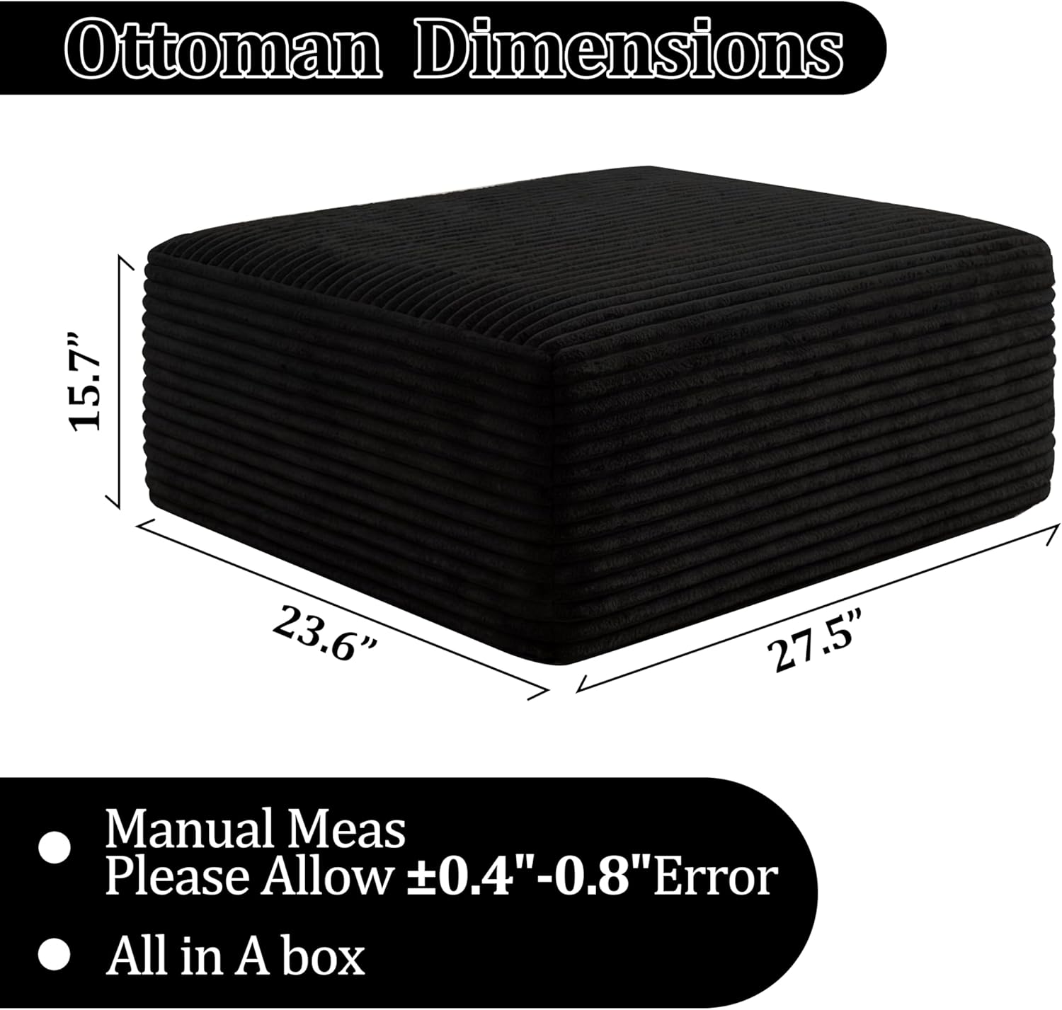 Corduroy Ottoman, Modern Boneless Cloud Foot Rest Foam Support, Oversized Modular Sectional Sofa Stool for Living Room, Bedroom & Small Spaces, No Assembly Required (Black, Ottoman)