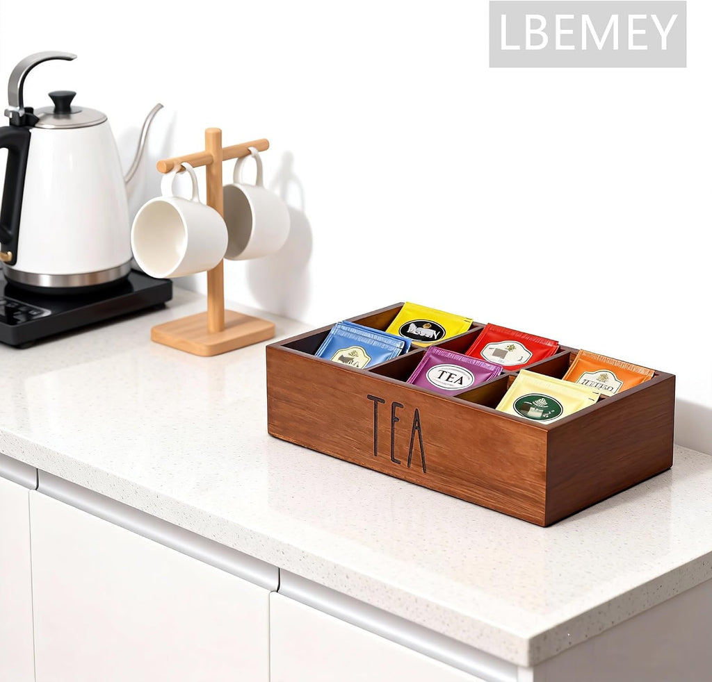 LBEMEY Tea Bag Organizer,Acacia Wood Tea Storage Containers with 6 Compartments, Sugar Packet Holder,Tea Bag Caddy Box for Cabinet Countertop Office (Brown- Labeled "TEA")