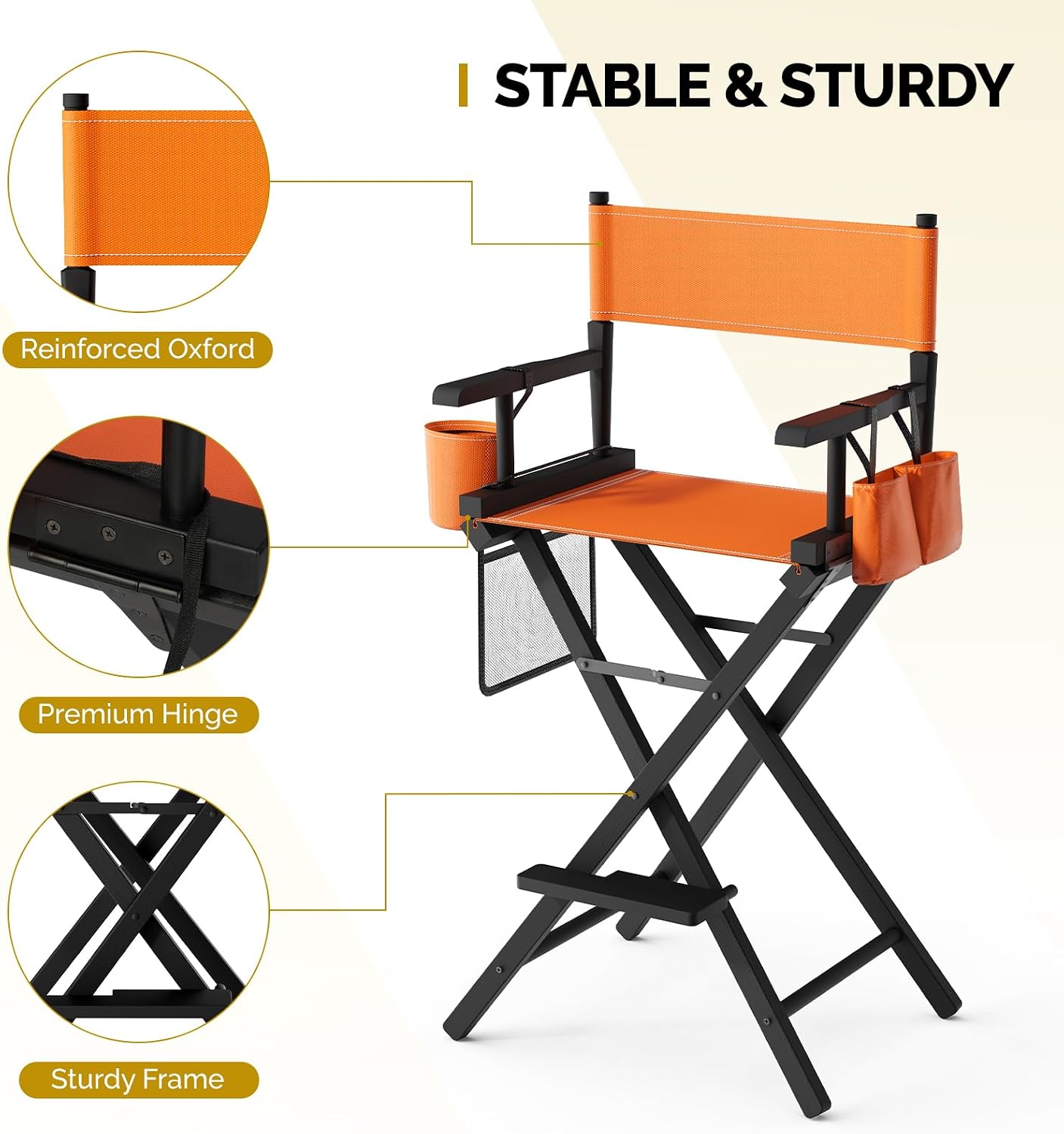 OmySalon Director's Chair 31" Height Folding Portable w/Storage Pouch & Footrest, Makeup Artist Chair for Salon, Events, Mobile, 250lb Capacity, Black Wood Frame & Orange Canvas Seat