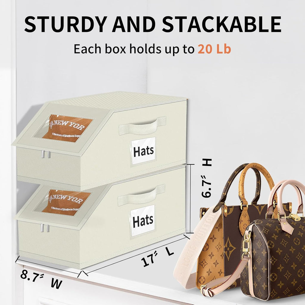 Aokeyee Hat Organizer for Baseball Caps - 2PCS Stackable Storage with Clear Window Lid, Flip-Top Access, Space-Saving Hat Box for Closet, Breathable Fabric (beige)