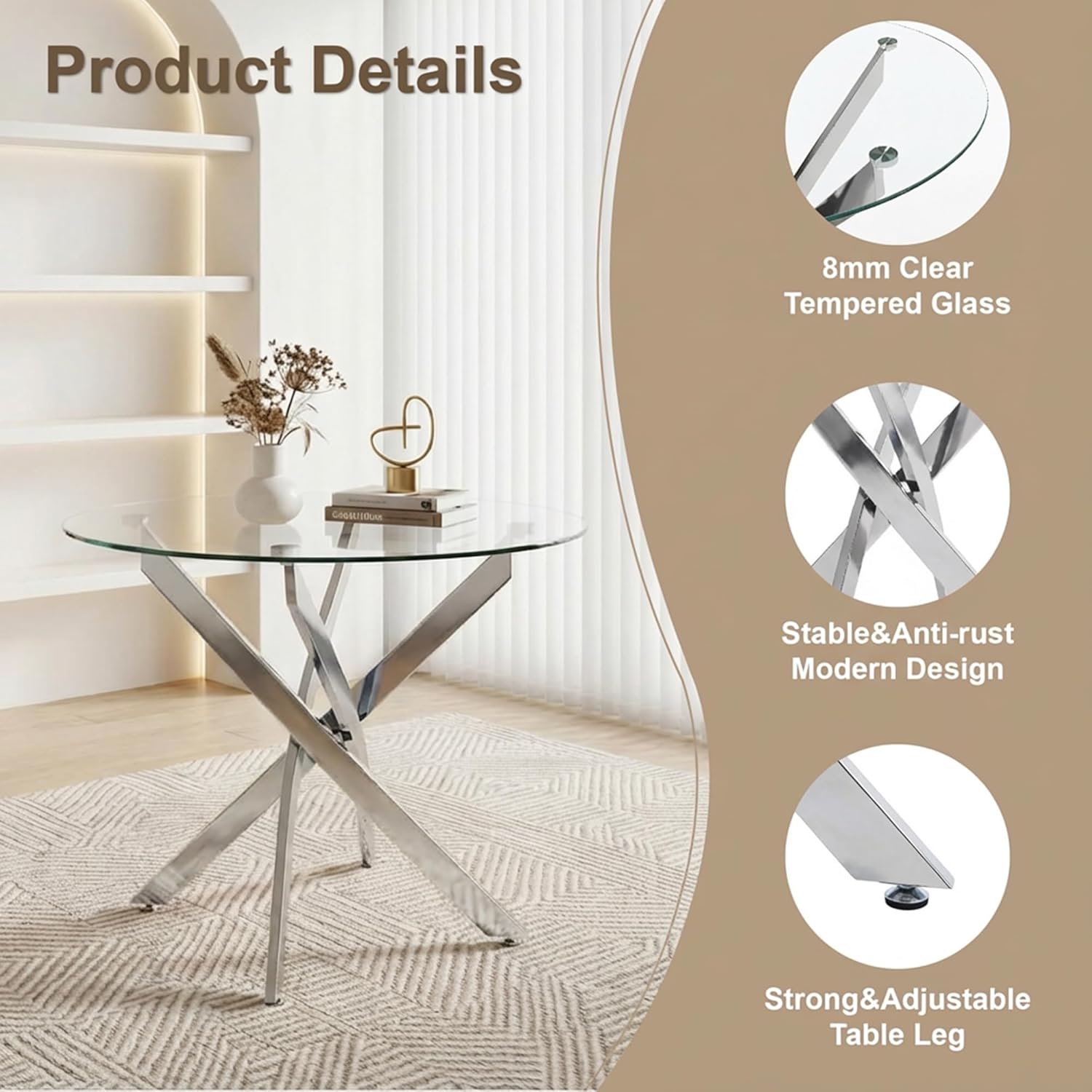 35" Round Glass Dining Table Set for 4, Modern Glass Dining Table Set with Velvet Woven Chairs, Beautiful 5-Pieces Furniture Set Suitable for Dining Room, Kitchen, Apartment and Home, Silver & Grey