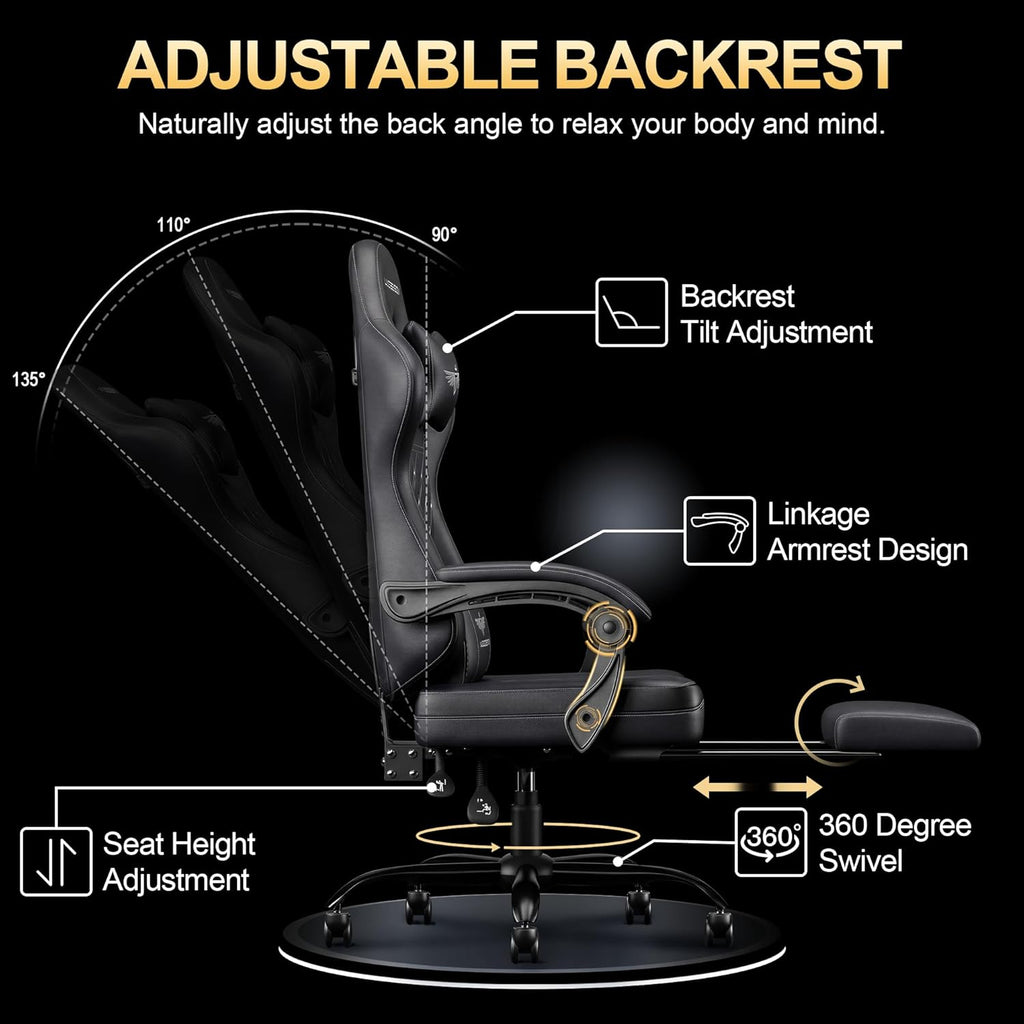 Ergonomic Gaming Chair with Retractable Footrest, High Back Video Game Chairs Computer Gaming Chairs with Headrest and Lumbar Support 400 lbs Linked Armrests Adult Chair (Black)