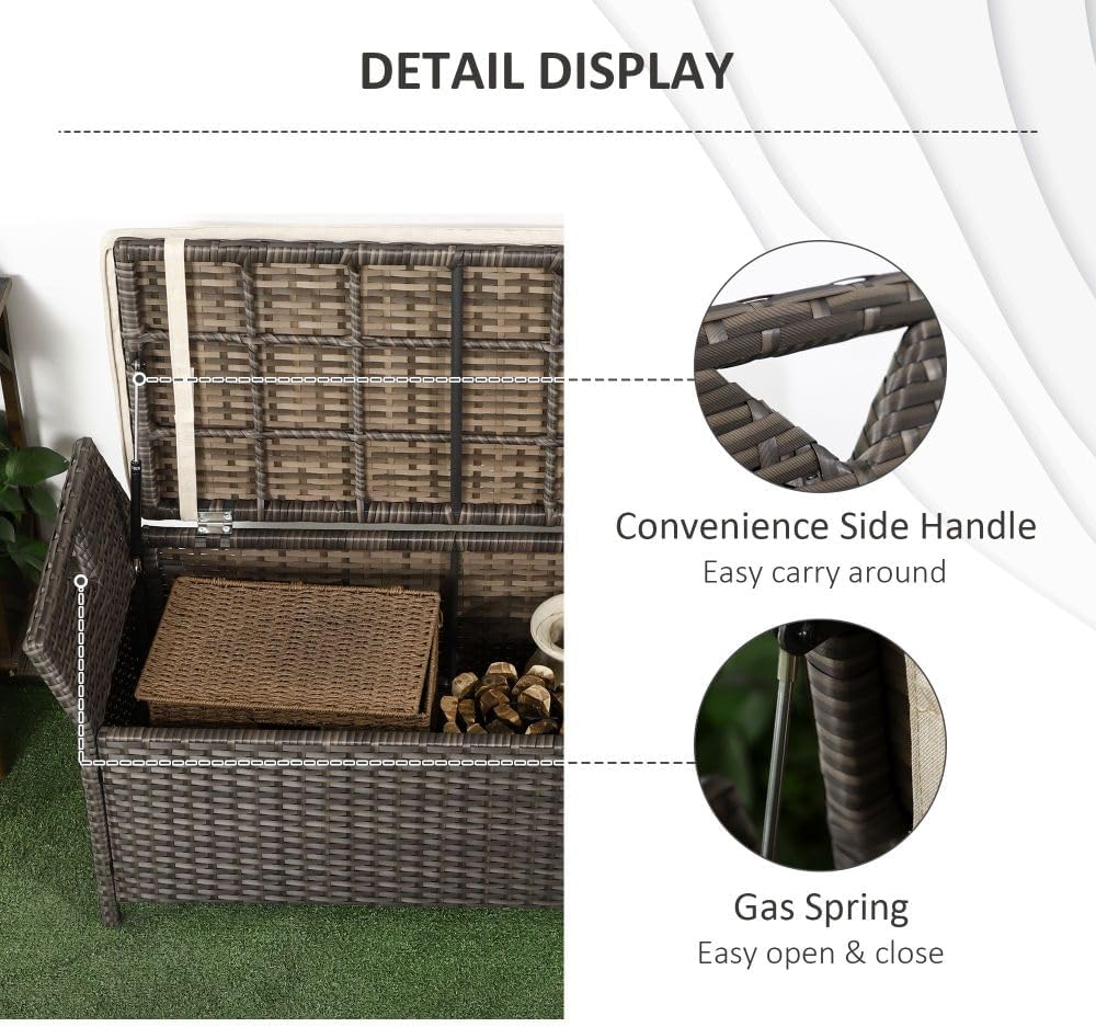 27 Gallon Patio Wicker Storage Bench with Cushion, 2-in-1 Garden Storage Box Deck Box with Handles