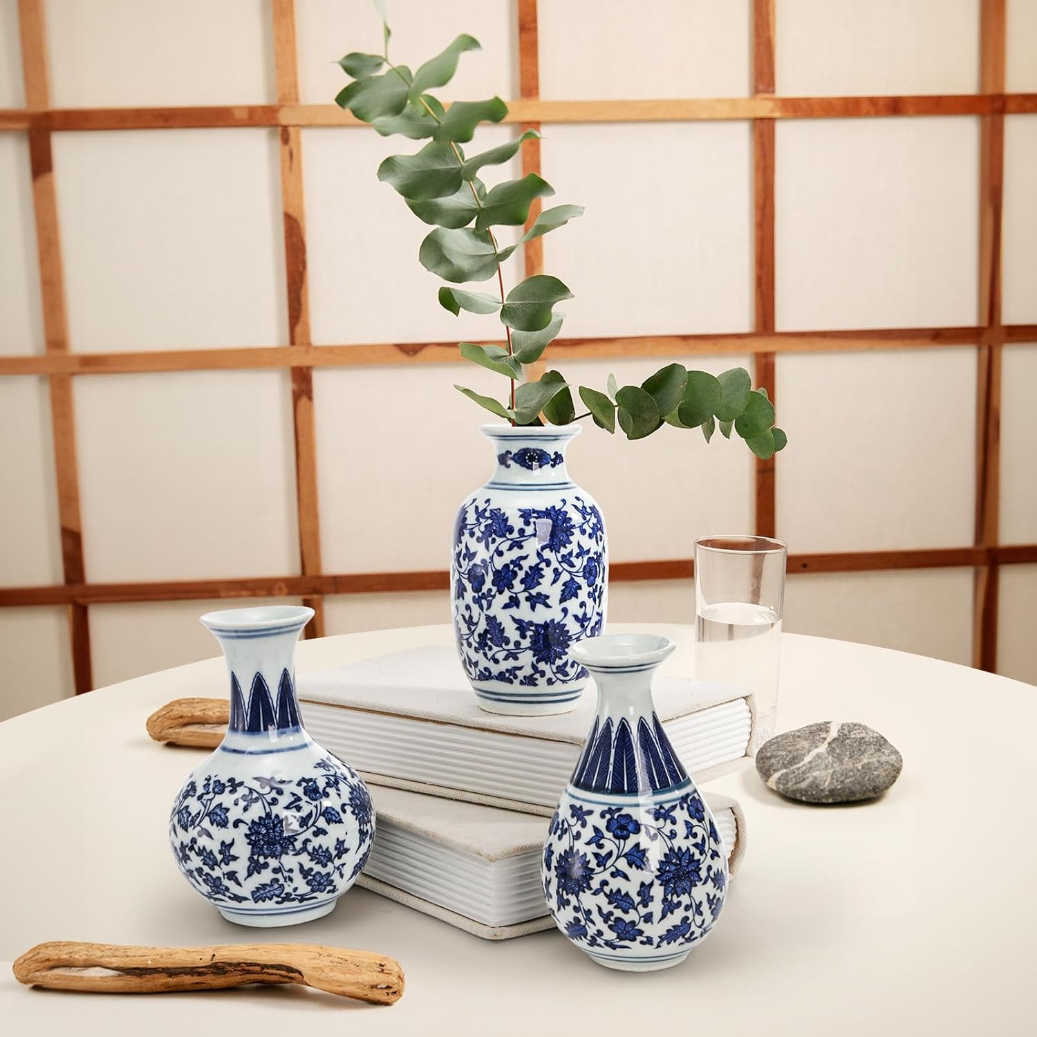 Yesland Small Blue and White Porcelain Vases Set of 3, 5 Inch Tall Mini Vintage Vase Chinoiserie Vases, Classic Decorative Bud Vases for Farmhouse Table Centerpiece, Flower Decor