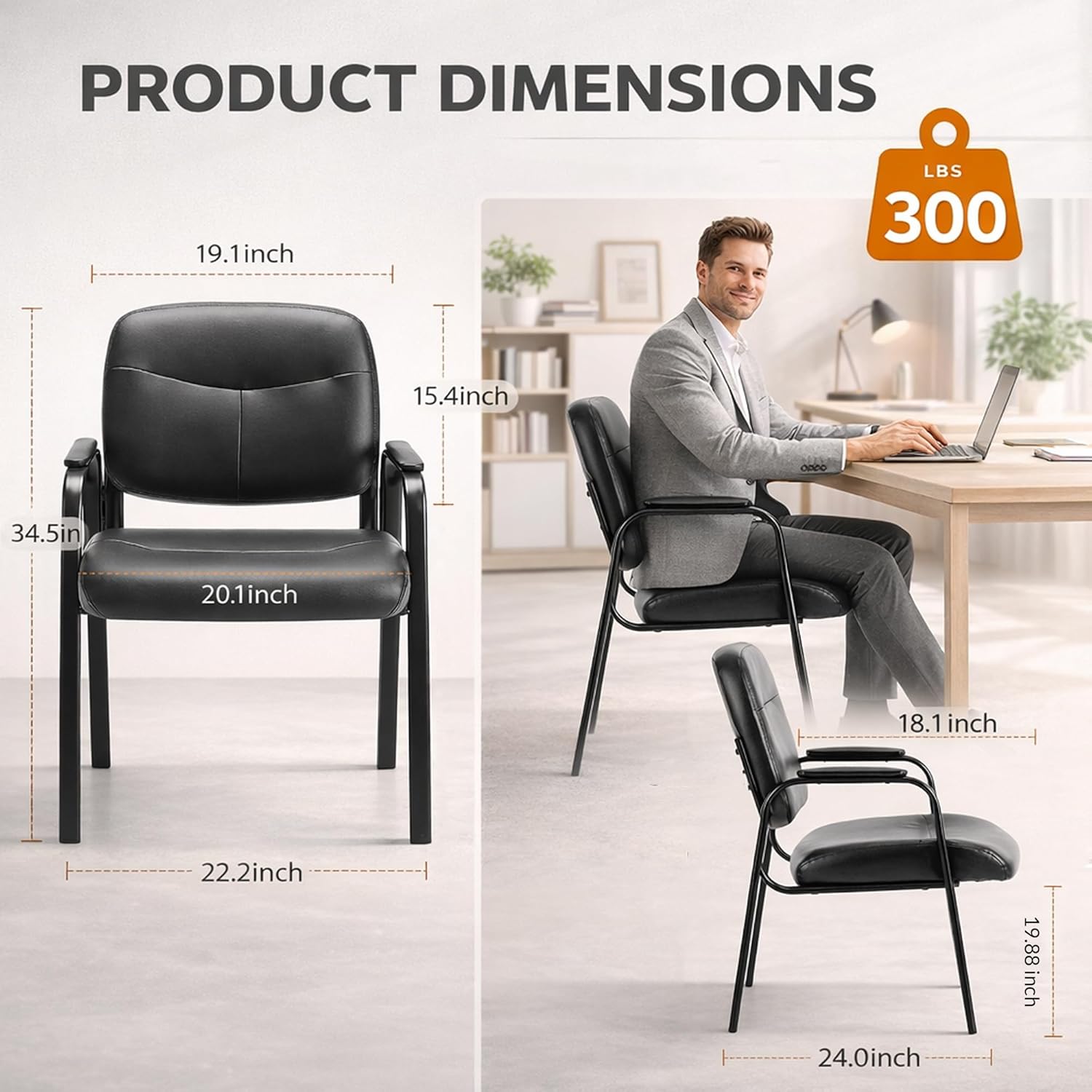 Leather Waiting Room Chair No Wheels, Office Guest Reception Seating with Padded Arms, Stationary Conference Table Chair for Lobby Clinic Home Desk Bedroom, Comfortable Dining Kitchen Armchair, Inky