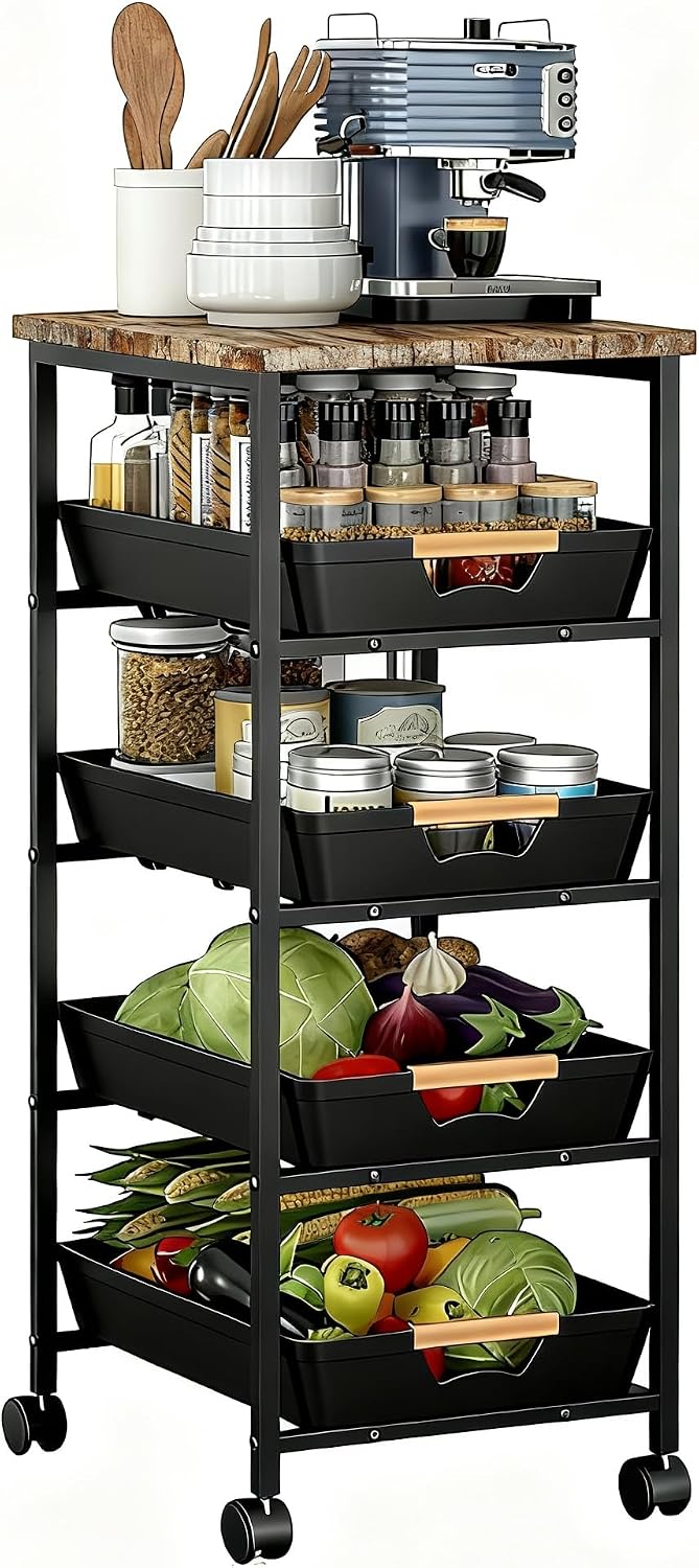 5-Tier Rolling Utility Cart with Wooden Top & Drawers, Metal Frame Storage Organizer with Wheels for Kitchen, Bathroom, Living Room, Office