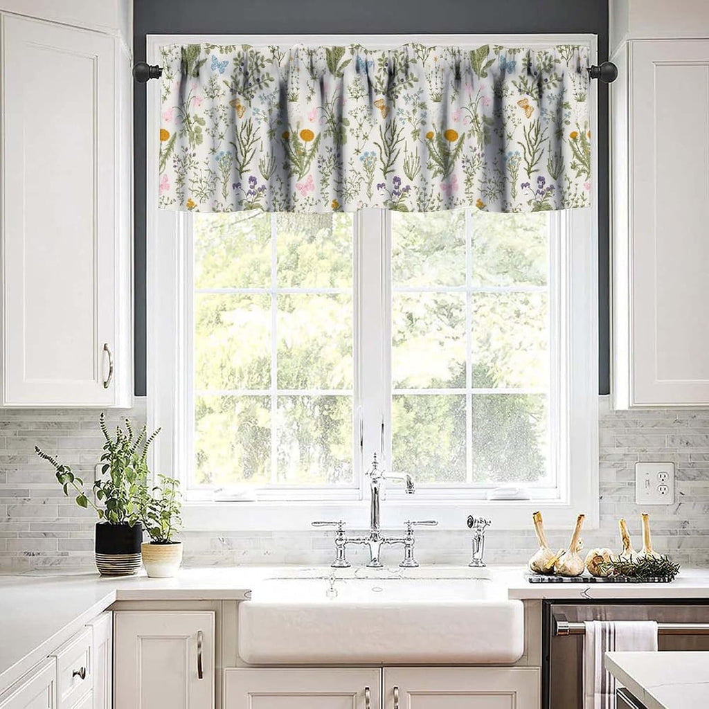 Vintage Plant Valance Curtains,Retro Wildflower Green Leaf Ferns Print for Farmhouse Kitchen Bathroom Laundry Living Room Deco 54" W x 18" L Inch